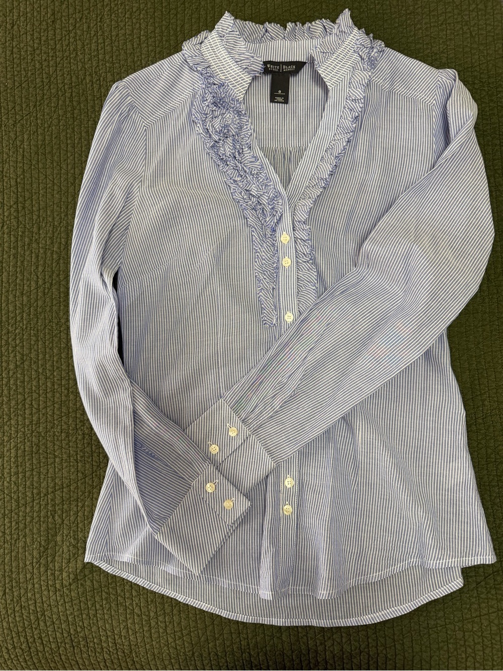White House Black Market Blue Stripe Ruffle-Trim Shirt